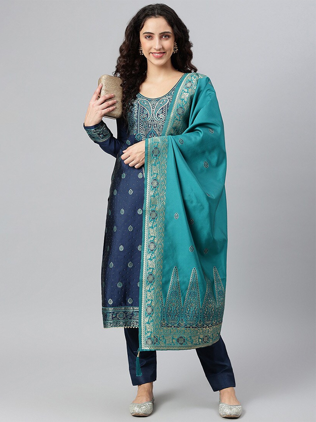 

cbazaar Navy Blue & Turquoise Blue Unstitched Dress Material