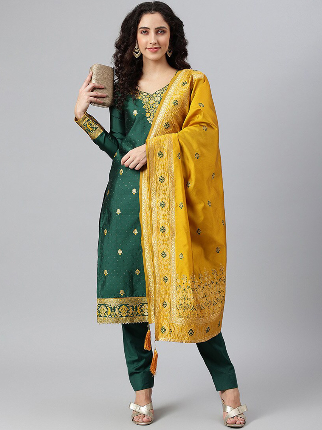 

cbazaar Green & Yellow Unstitched Dress Material
