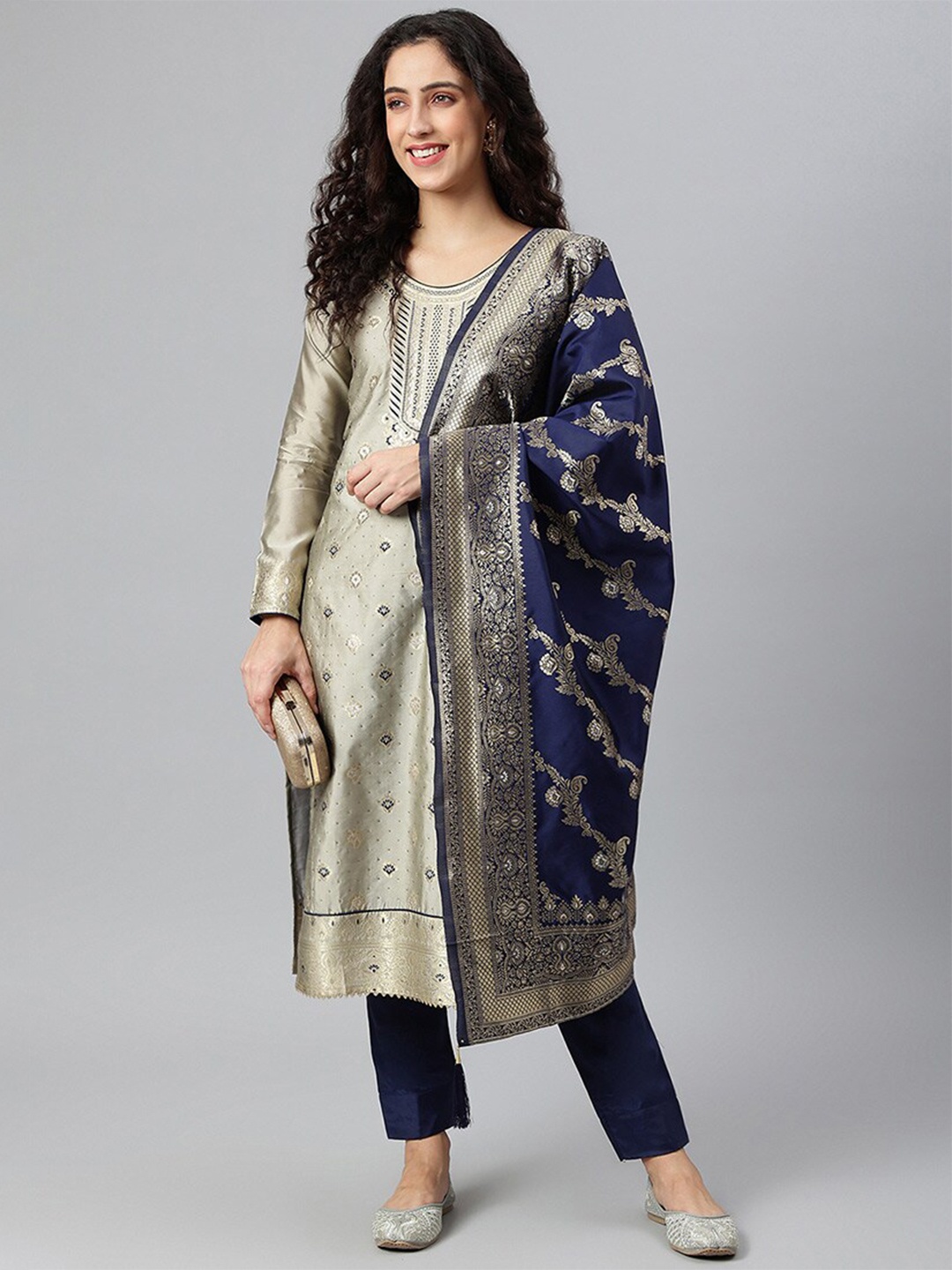 

cbazaar Women Grey & Navy Blue Banarasi Unstitched Dress Material