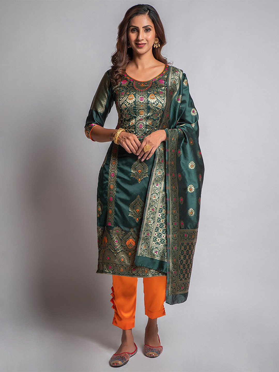 

cbazaar Green & Orange Unstitched Dress Material