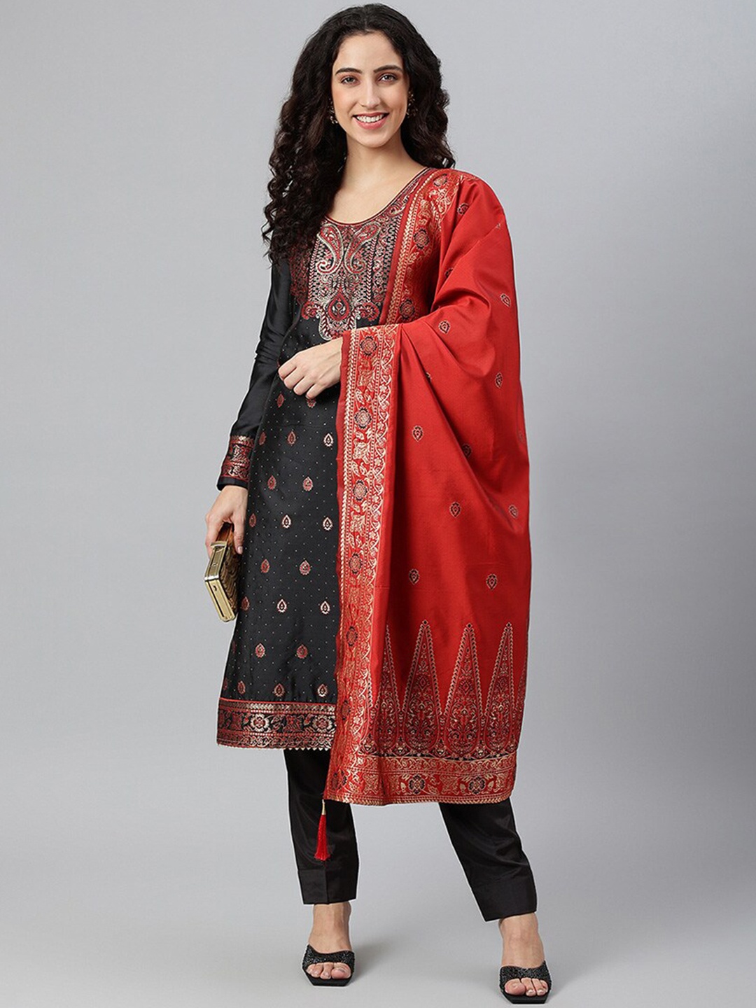 

cbazaar Black & Red Unstitched Dress Material