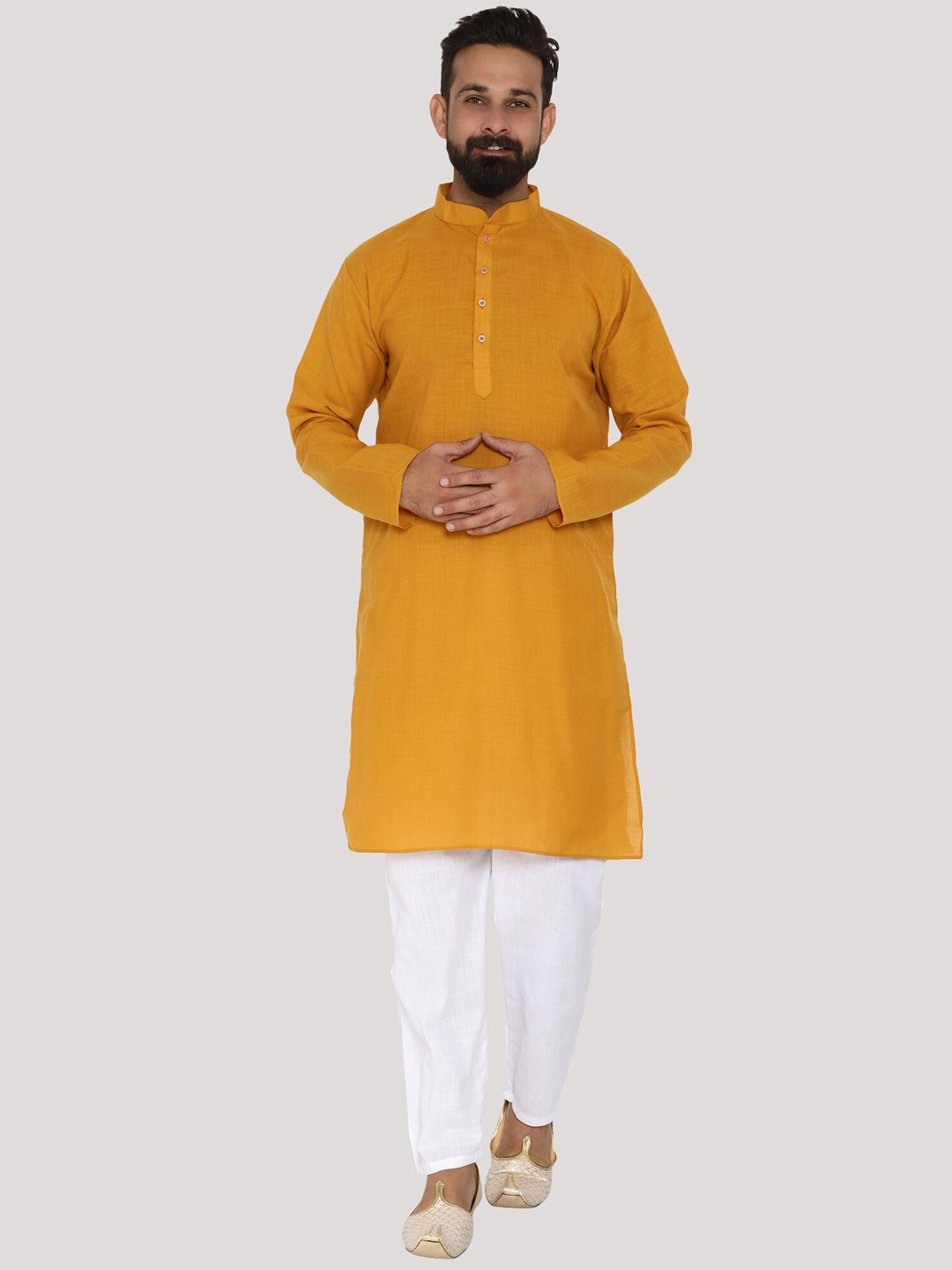 

MAG Men Solid Cotton Straight Kurta with Pyjamas, Mustard