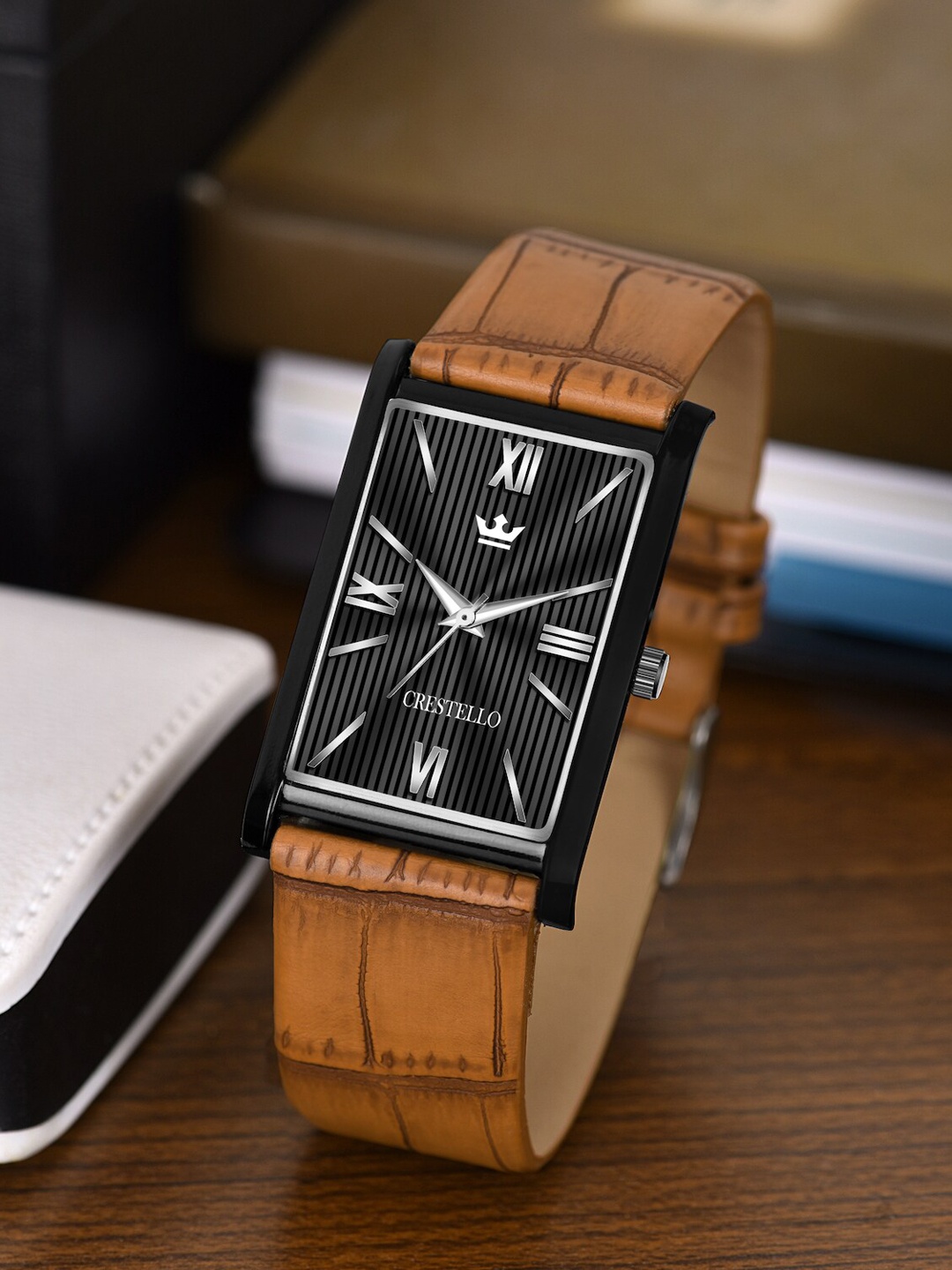 

CRESTELLO Men Black Brass Dial & Brown Leather Bracelet Style Straps Analogue Watch CR-BK026