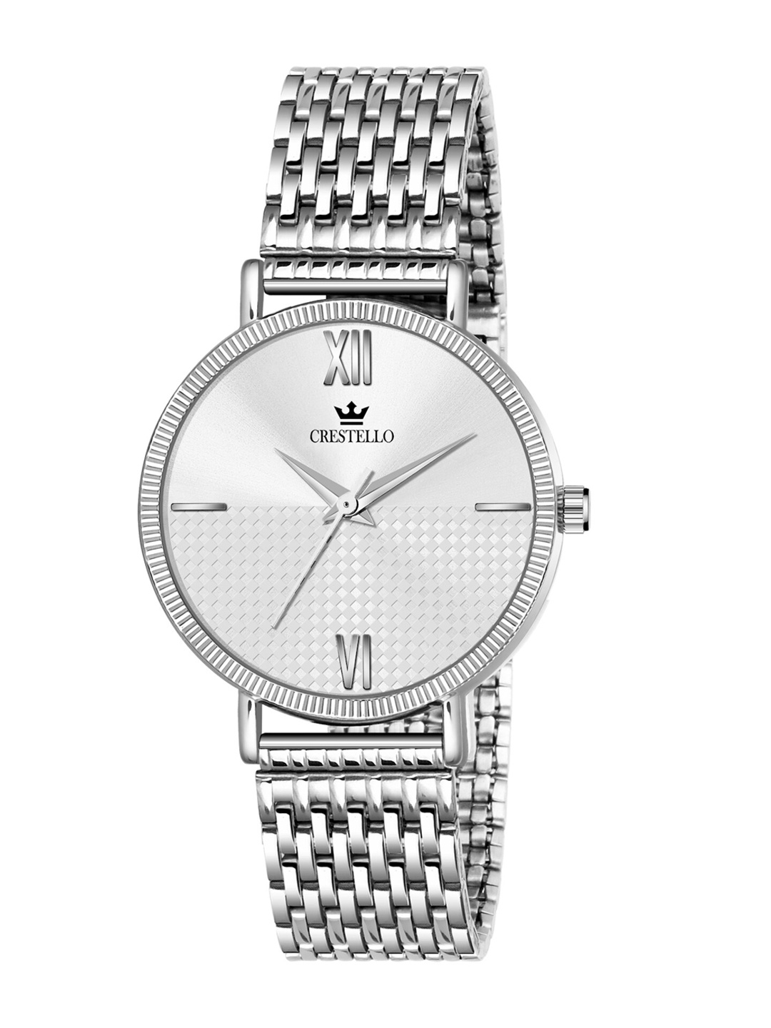 

CRESTELLO Women Silver-Toned Brass Dial & Silver Toned Stainless Steel Textured Straps Analogue Watch CR-DZL106-SLV