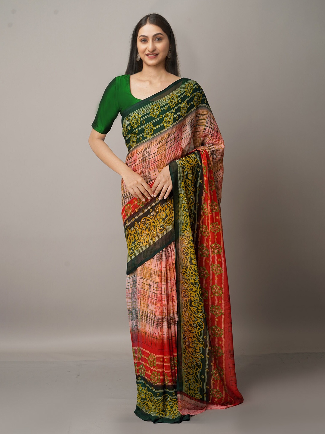 

Unnati Silks Black & Red Floral Block Print Saree
