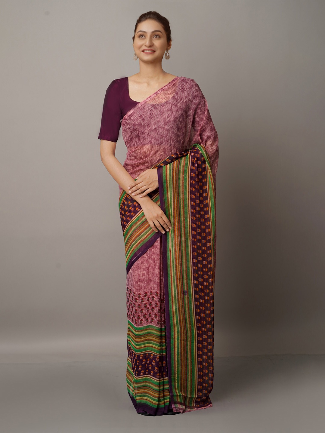 

Unnati Silks Pink & Green Checked Block Print Saree