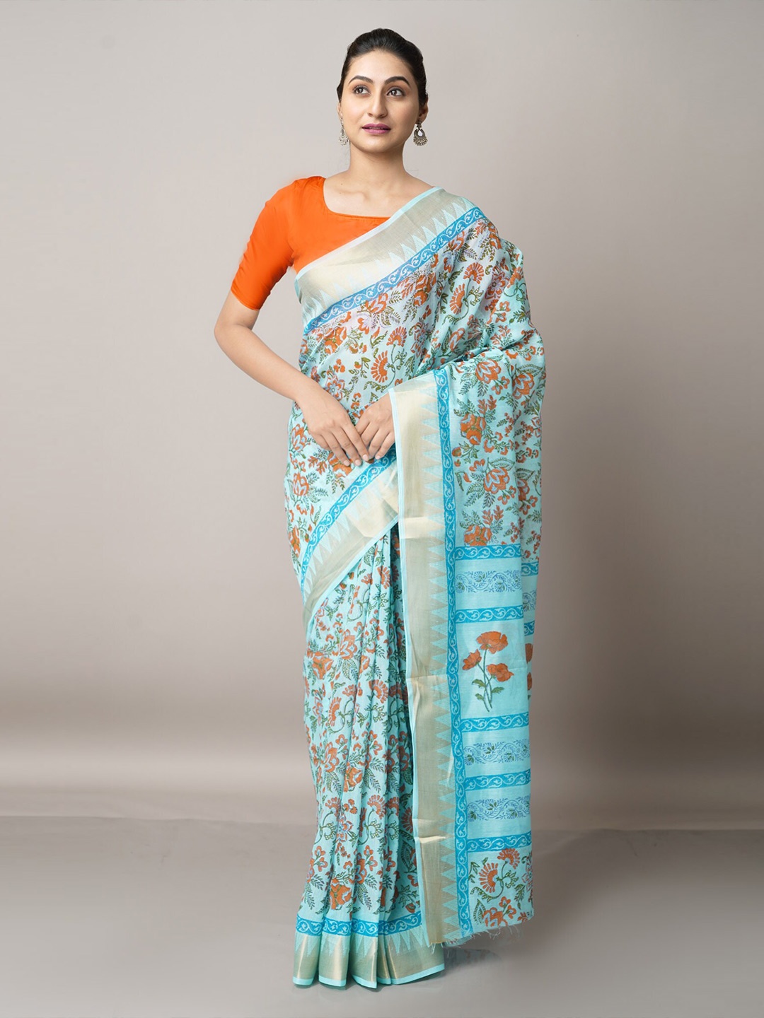 

Unnati Silks Blue & Peach-Coloured Floral Zari Pure Cotton Kota Saree