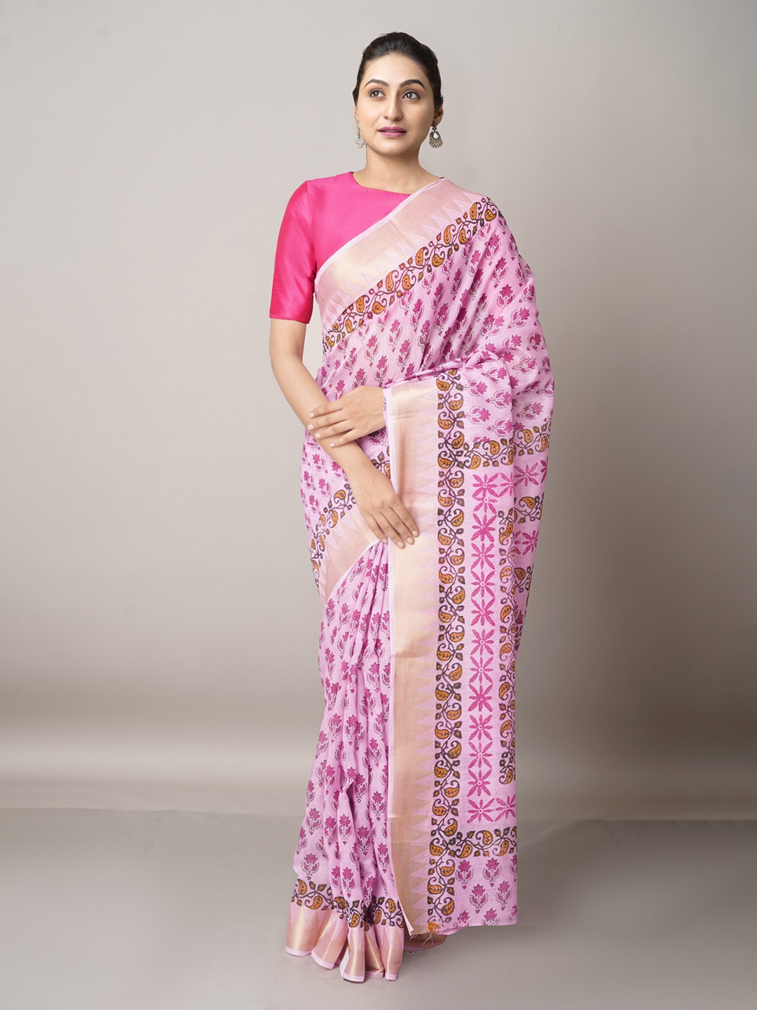 

Unnati Silks Pink & Gold-Toned Ethnic Motifs Zari Pure Cotton Kota Saree