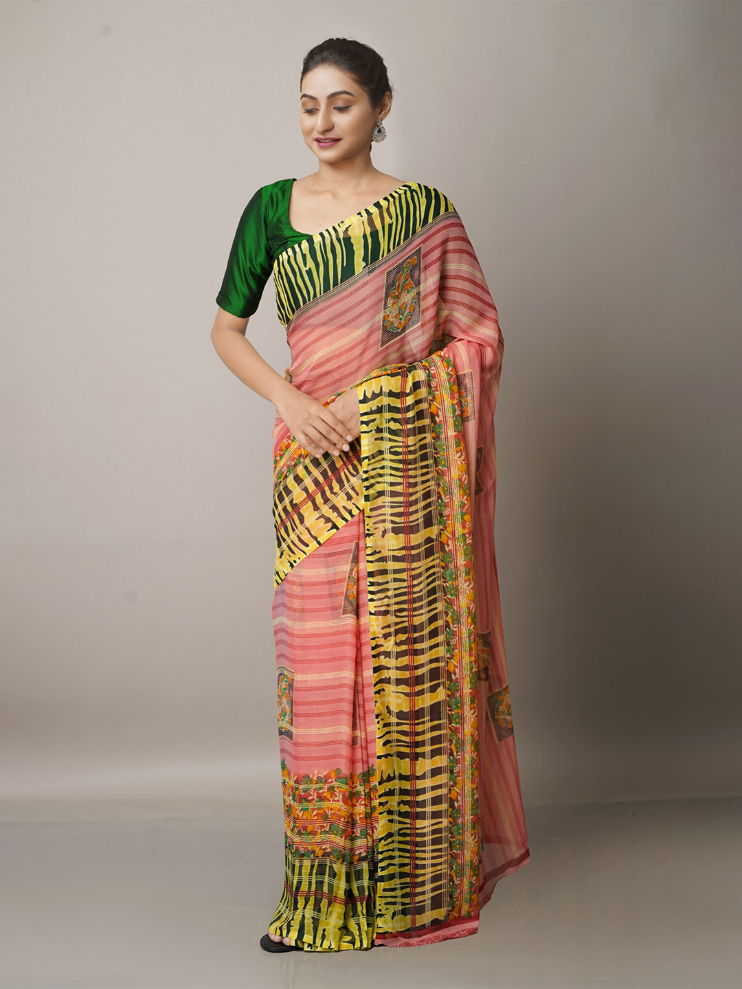 

Unnati Silks Pink & Yellow Floral Block Print Saree