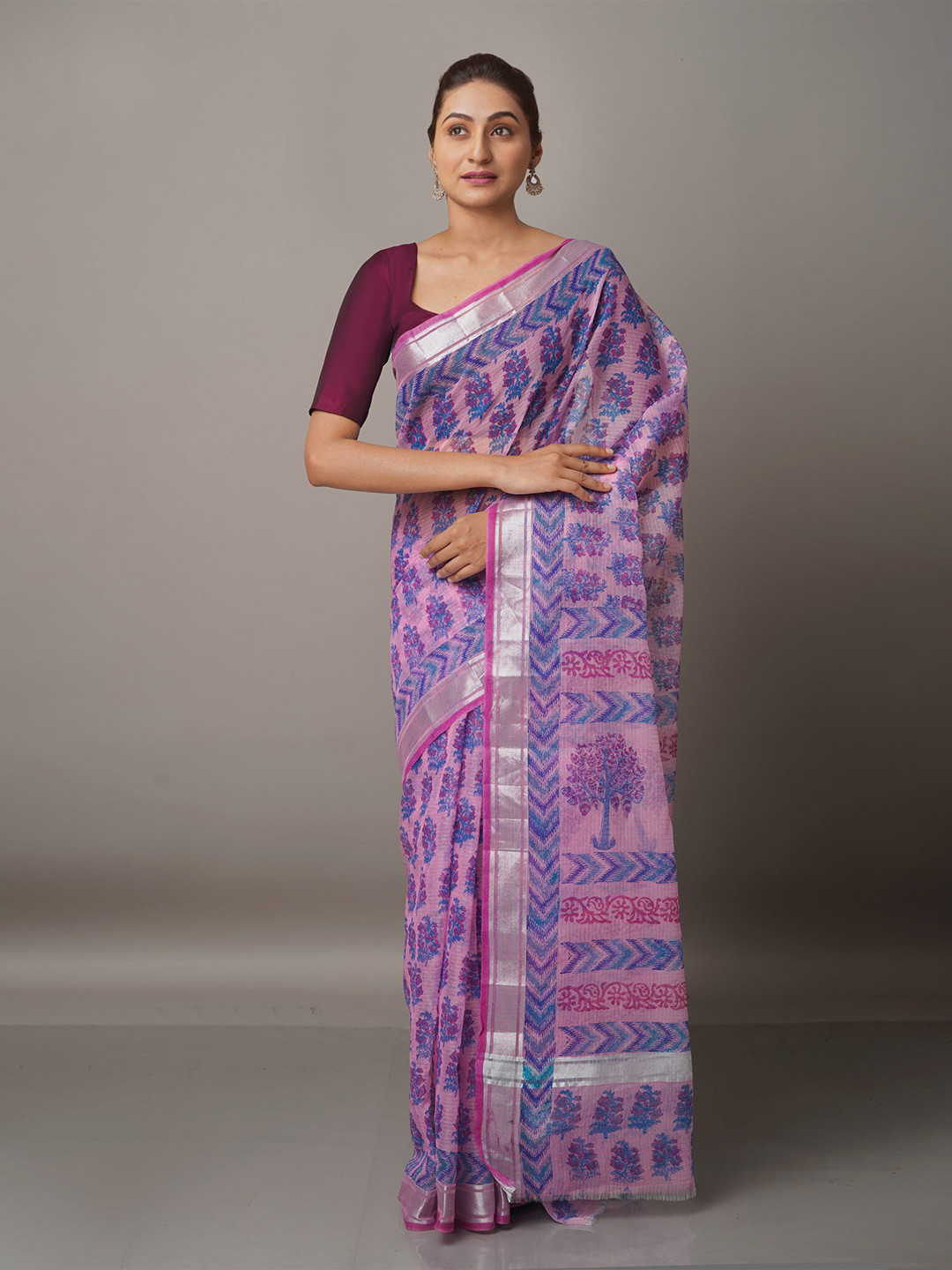 

Unnati Silks Pink & Blue Floral Zari Pure Cotton Kota Saree