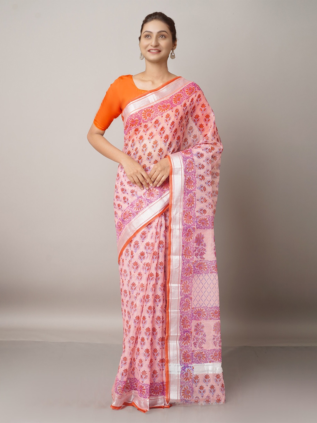 

Unnati Silks Pink & Silver-Toned Ethnic Motifs Zari Pure Cotton Kota Saree