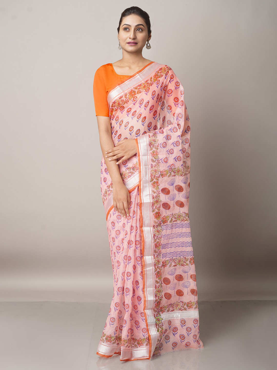 

Unnati Silks Pink & Orange Ethnic Motifs Zari Pure Cotton Kota Saree