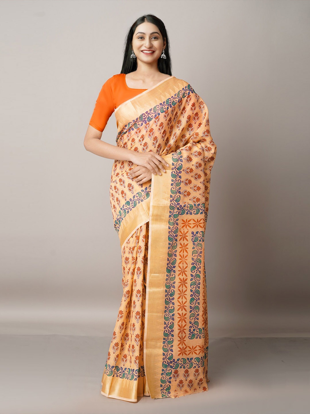 

Unnati Silks Orange & Peach-Coloured Floral Zari Pure Cotton Kota Saree