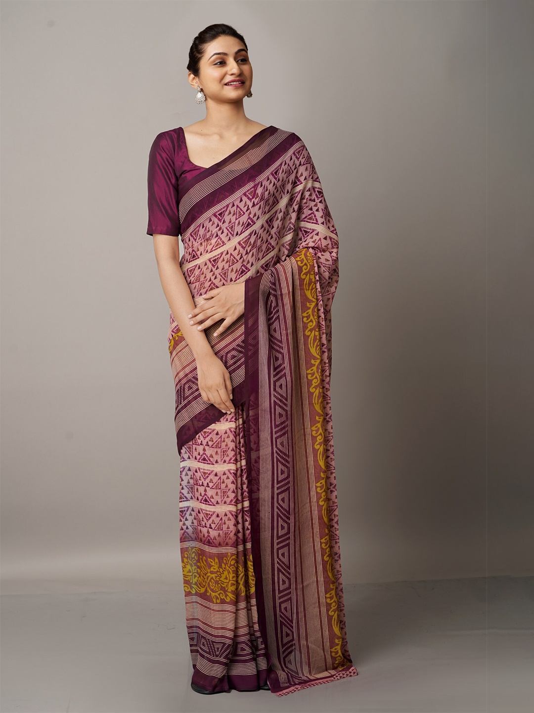 

Unnati Silks Purple & Yellow Zari Geometric Printed Saree