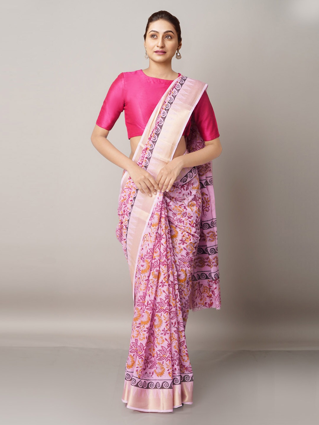 

Unnati Silks Pink & Purple Floral Zari Pure Cotton Kota Saree