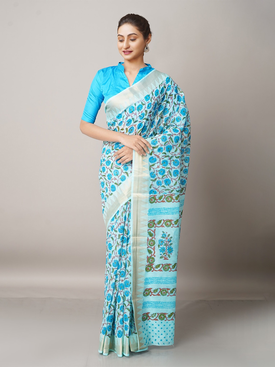 

Unnati Silks Blue & Green Ethnic Motifs Zari Pure Cotton Kota Saree