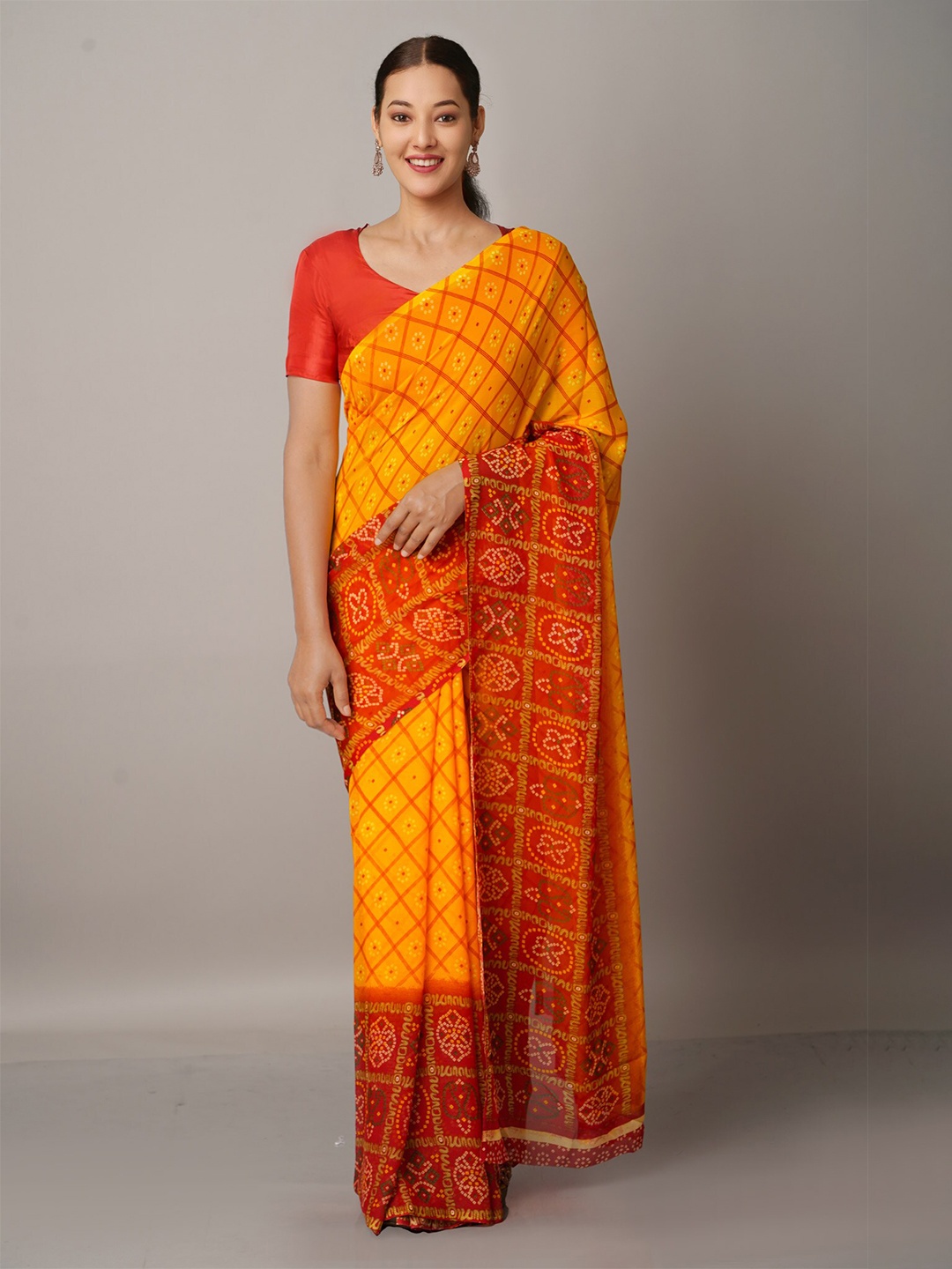 

Unnati Silks Orange & Red Checked Printed Bandhani Saree