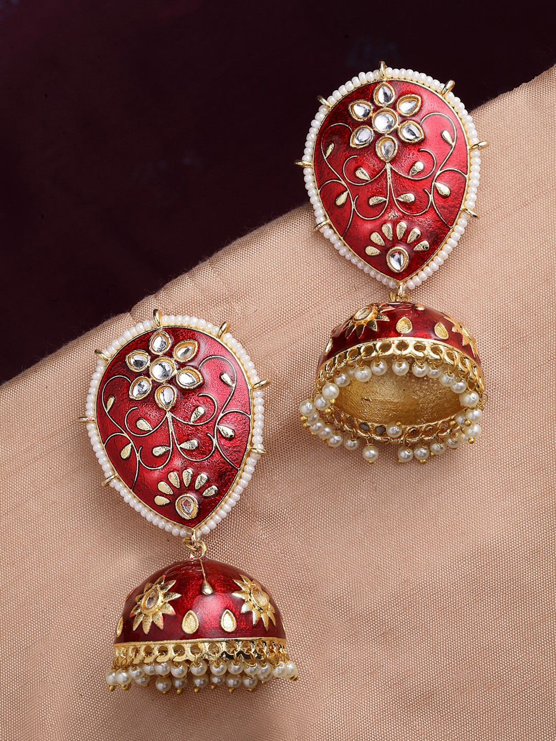 

PANASH Maroon & Gold-Plated Dome Shaped Kundan Stone Jhumkas Earrings
