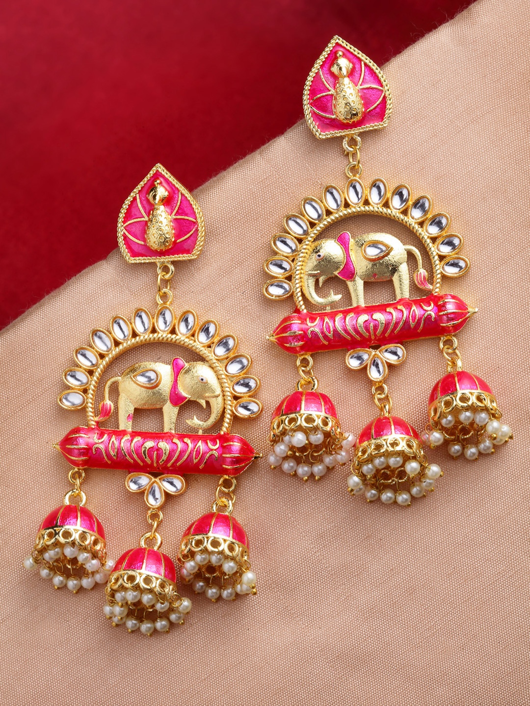 

PANASH Pink & White Gold-Plated Animal Shaped Kundan Drop Earrings