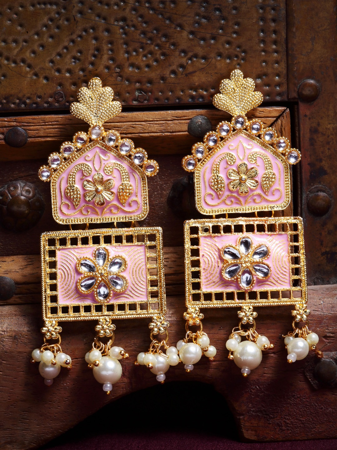 

PANASH Pink & White Gold-Plated Kundan Stone Square Drop Earrings