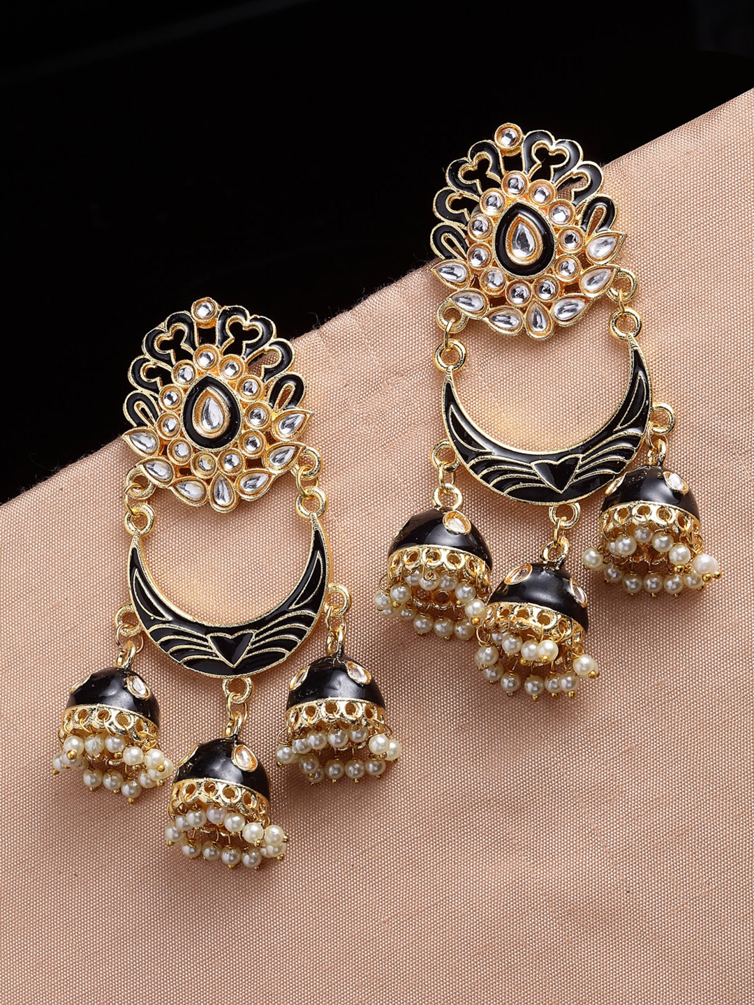 

PANASH Black & Gold-Plated Crescent Shaped Kundan Jhumkas Earrings