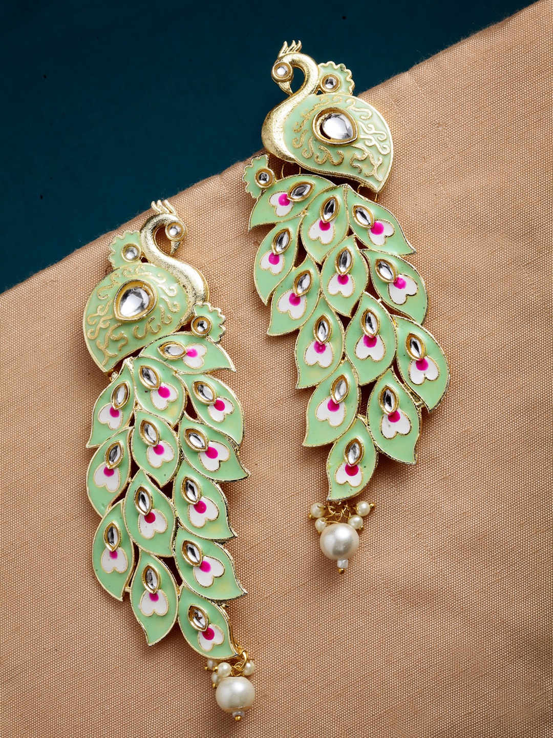 

PANASH Green & Pink Gold-Plated Kundan Stone Peacock Shaped Drop Earrings