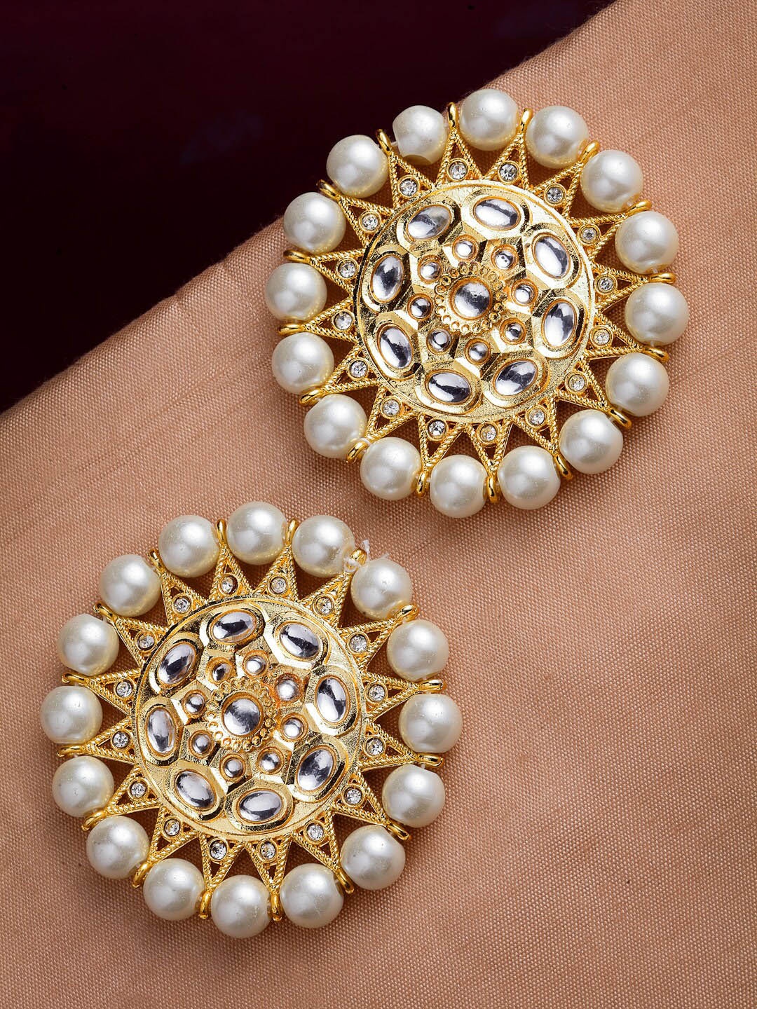 

PANASH Gold-Plated & White Kundan & Pearls Stone Circular Shaped Stud Earrings