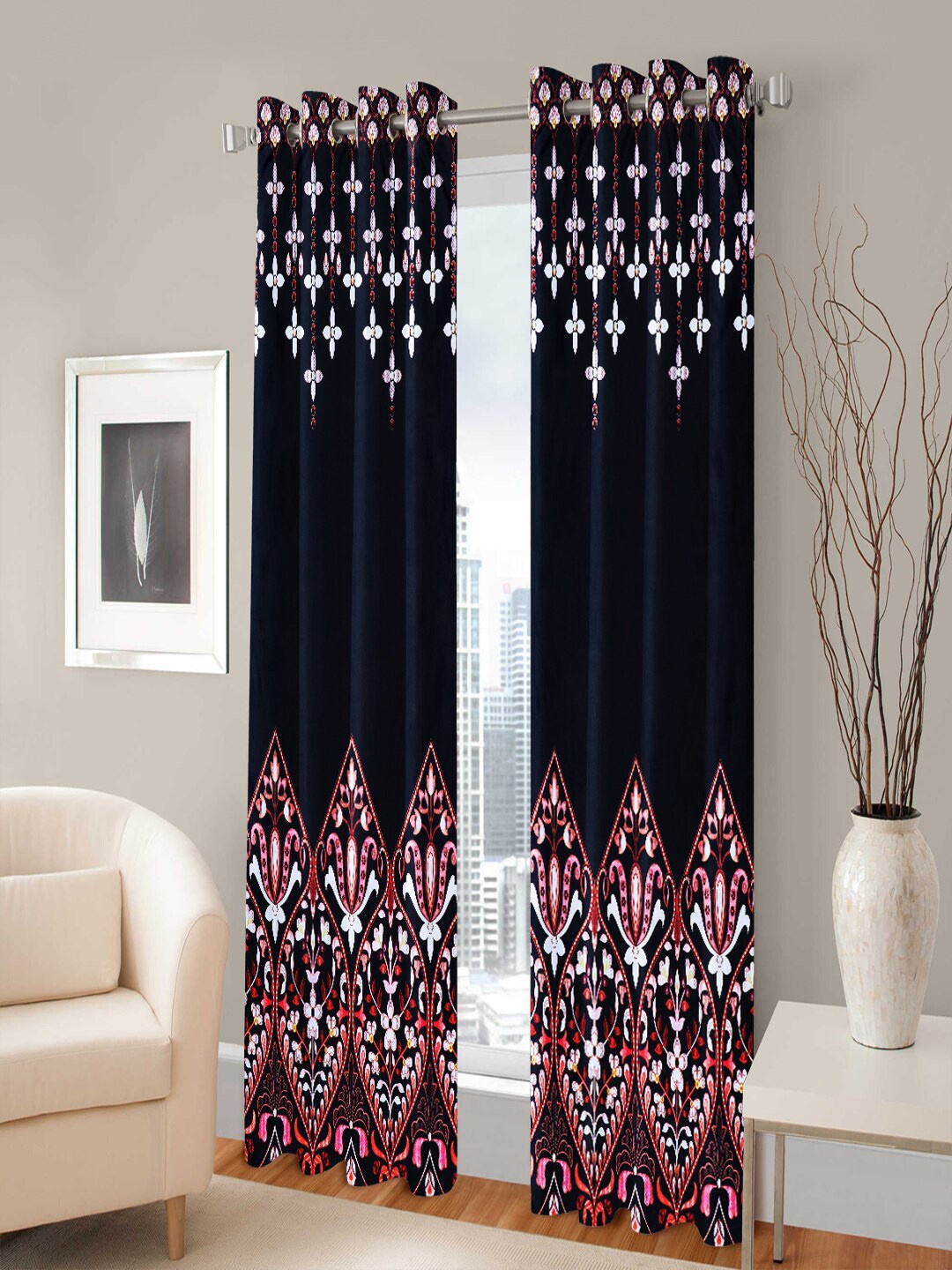 Nendle Black & White Set of 2 Floral Room Darkening Long Door Curtain