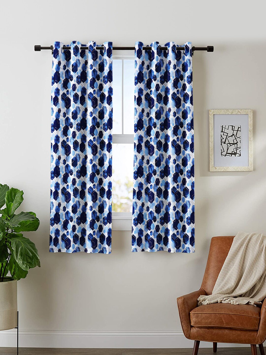 

Nendle Navy Blue & White Set of 2 Geometric Room Darkening Window Curtain