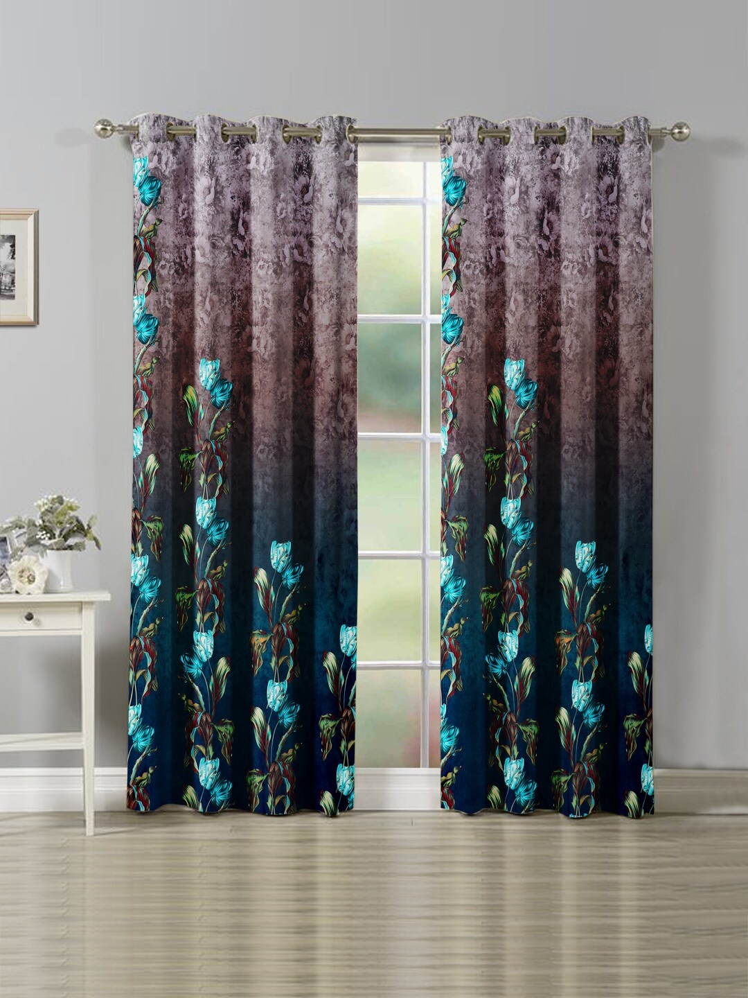 Nendle Green & Blue Set of 2 Floral Room Darkening Door Curtain