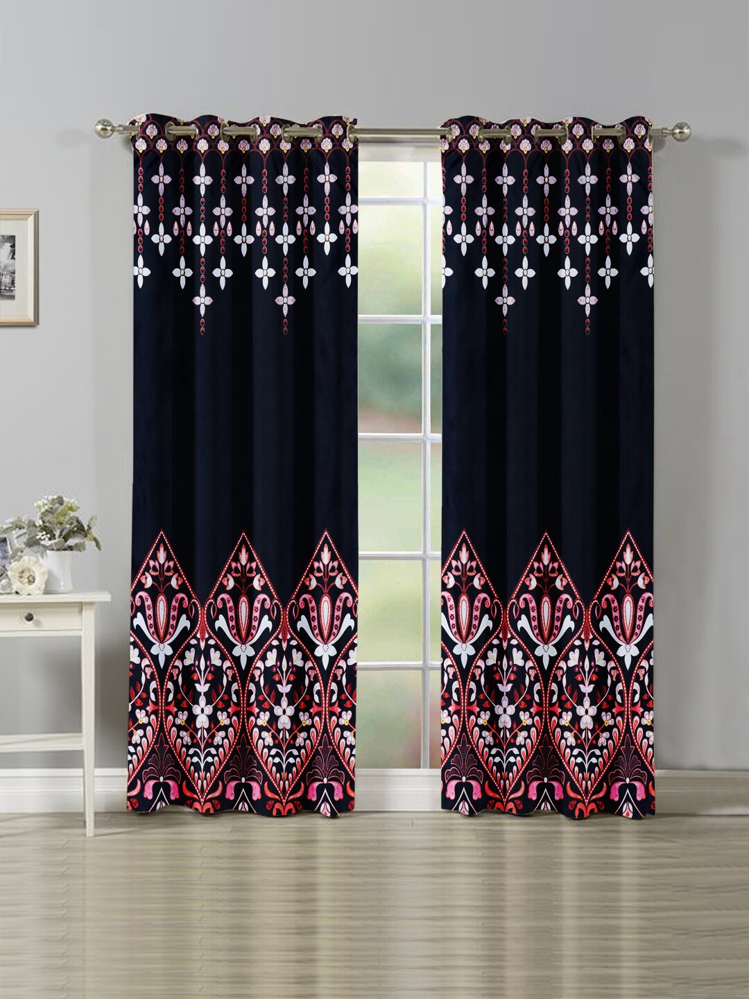 Nendle Black & Pink Set of 2 Floral Room Darkening Door Curtain