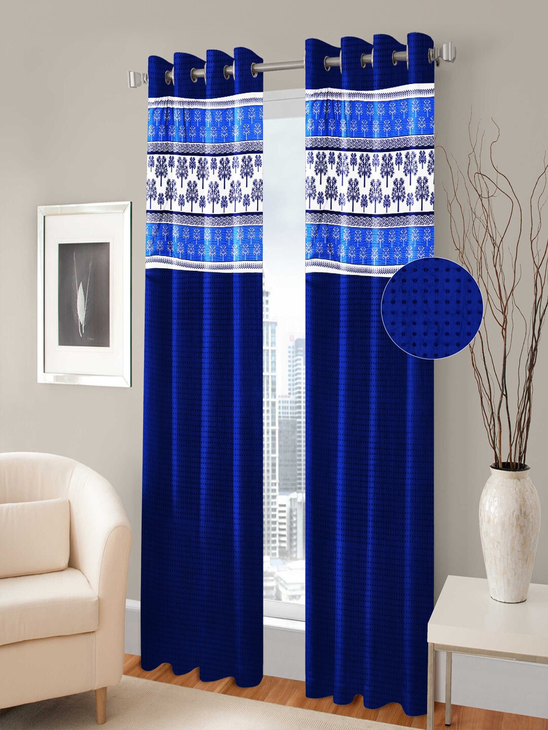 Nendle Navy Blue & White Set of 2 Floral Room Darkening Long Door Curtain