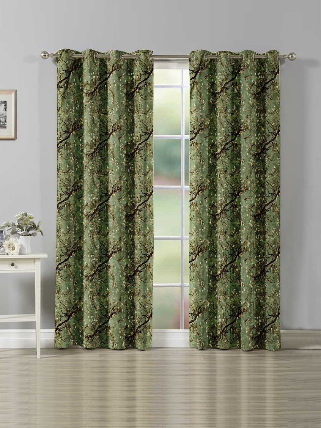 Nendle Green & Yellow Set of 2 Floral Room Darkening Door Curtain