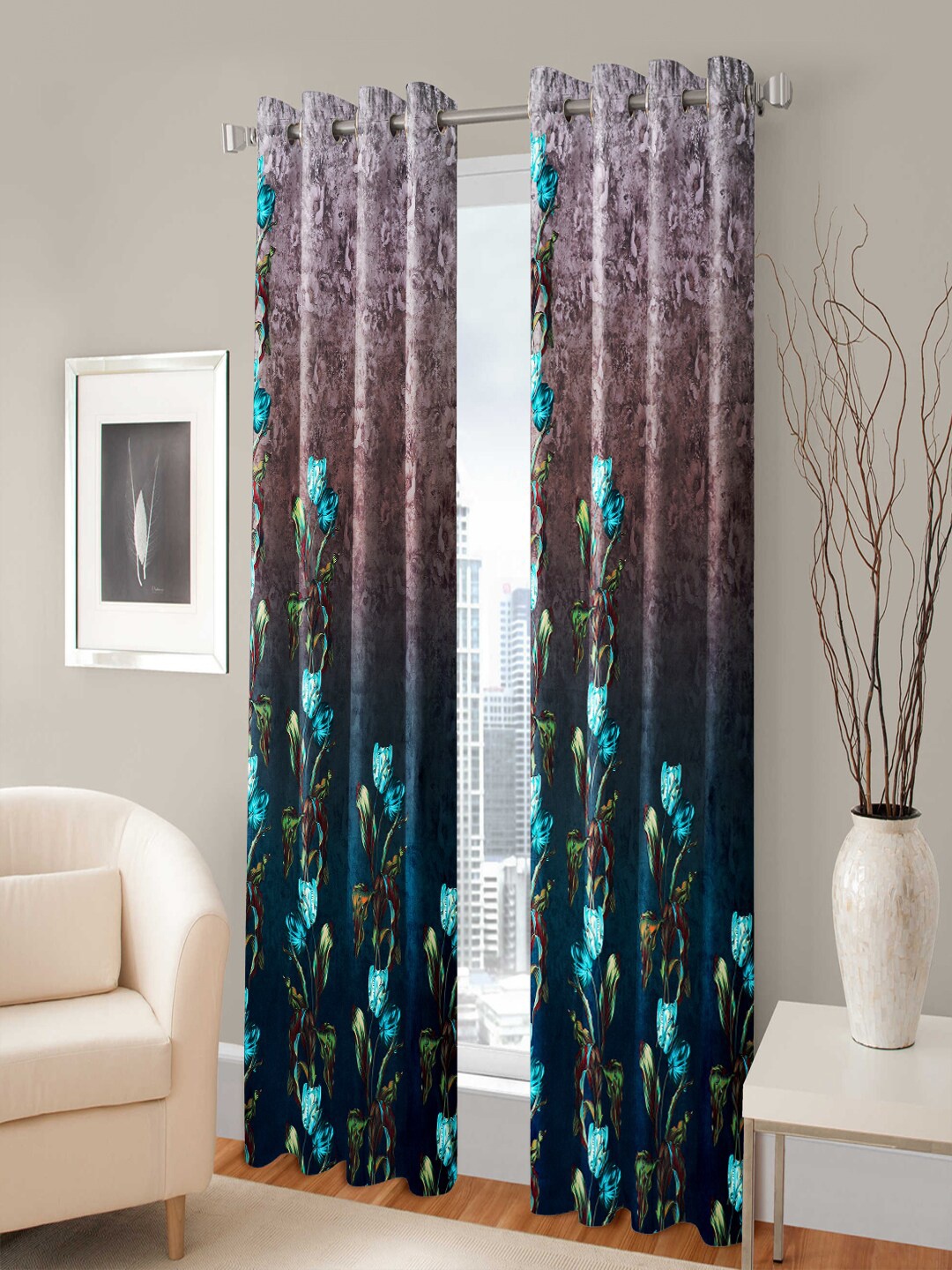 Nendle Green & Mauve Set of 2 Floral Room Darkening Long Door Curtain