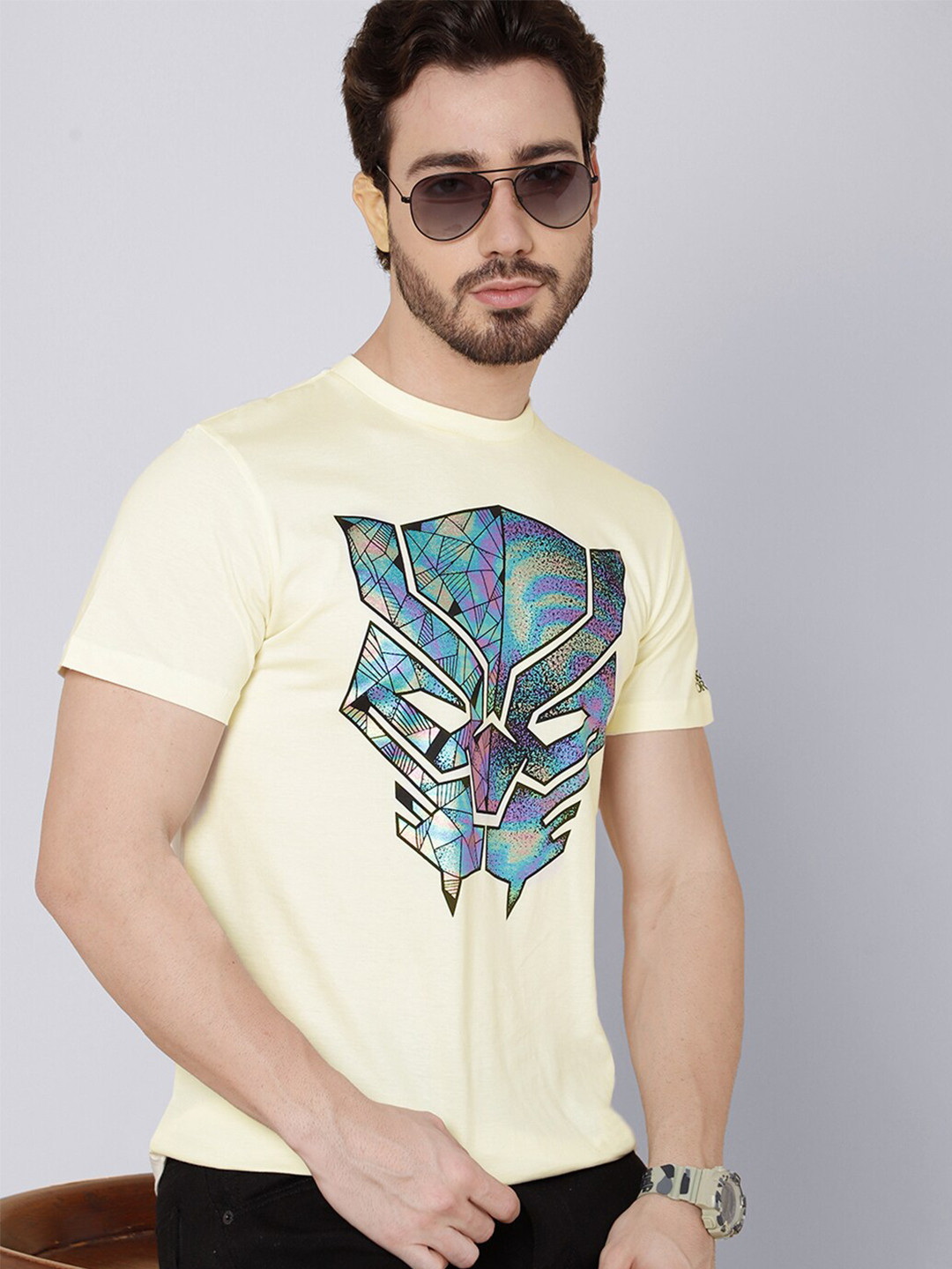 

Free Authority Men Yellow & Blue Black Panther Print Pure Cotton T-shirt