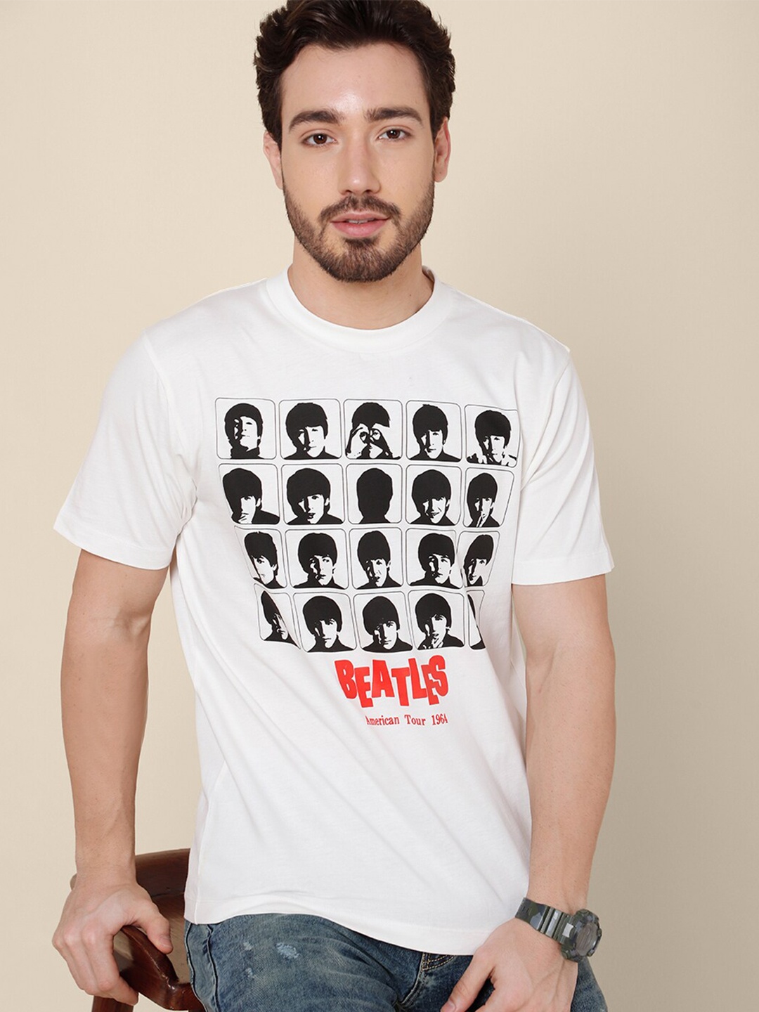 

Free Authority Men White Beatles Print Pure Cotton T-shirt