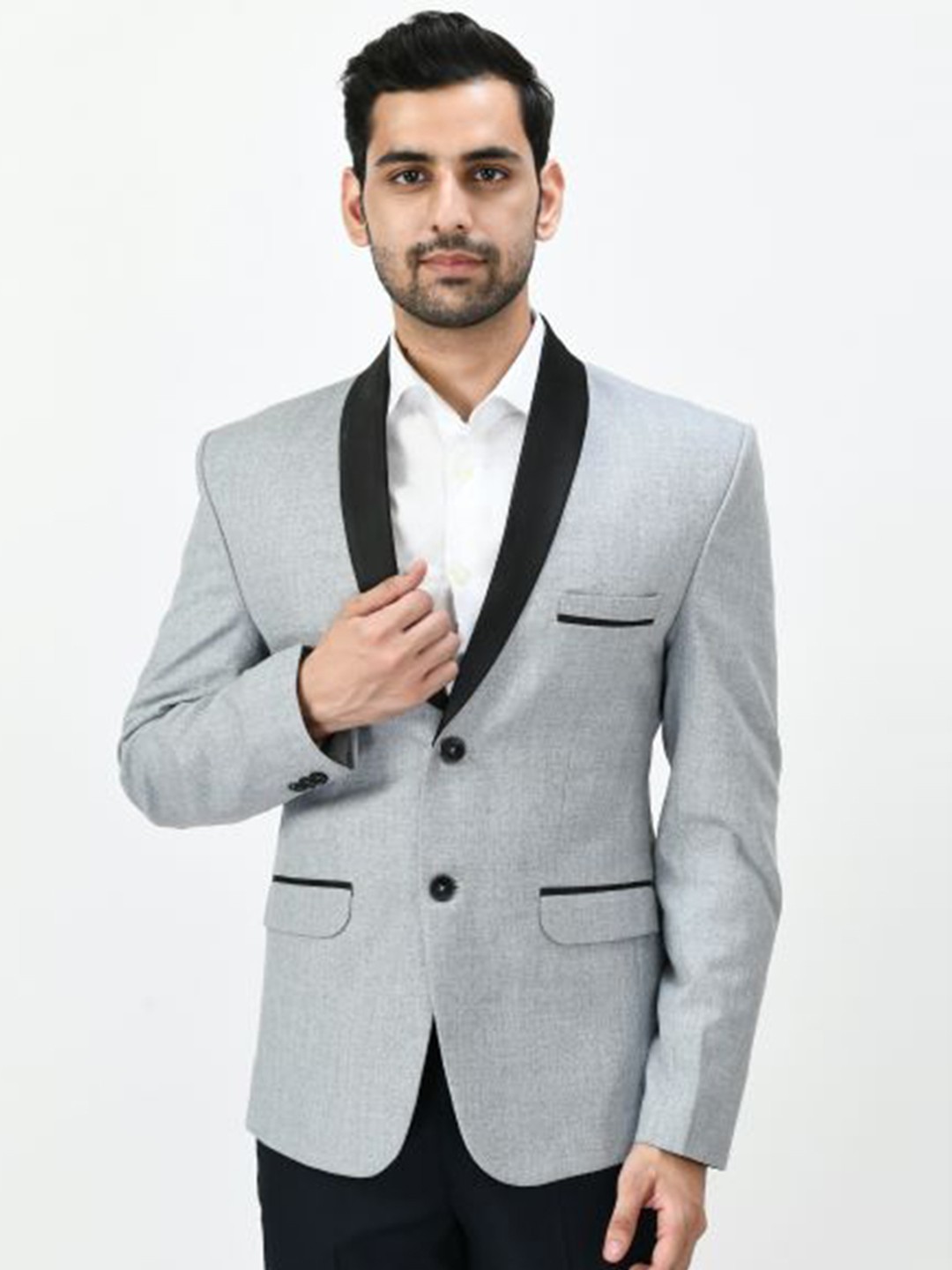 

TrulyFeb Men Grey Self-Design Slim-Fit Single-Breasted Formal Blazer