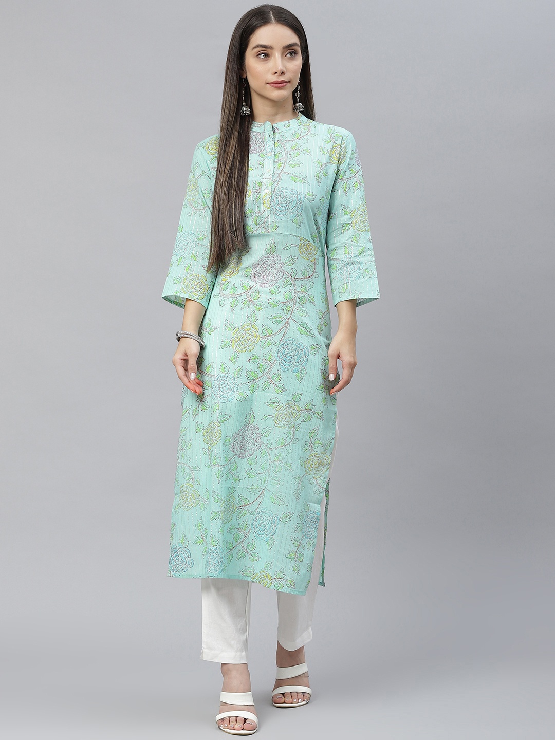 

Indibelle Women Sea Green Floral Printed Pure Cotton Kurta with Trousers