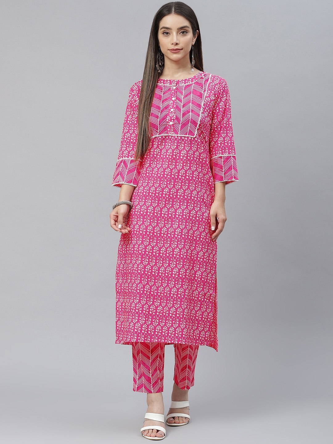 

Indibelle Women Pink & White Floral Printed Pure Cotton Kurta with Trousers