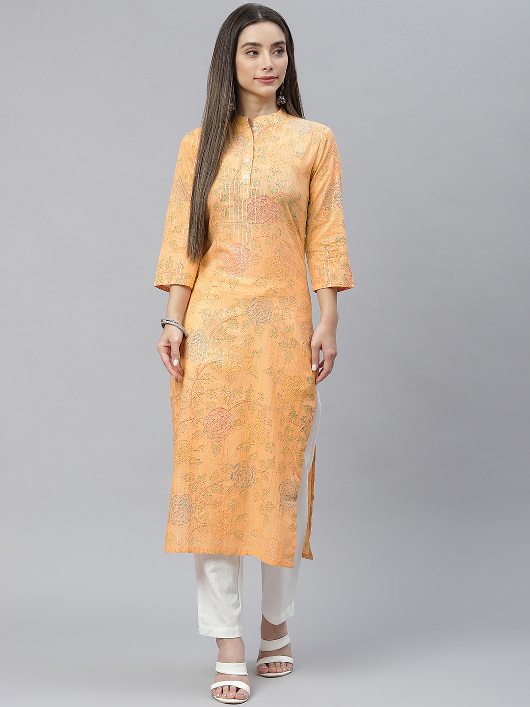 

Indibelle Women Orange & Green Floral Printed Pure Cotton Kurta with Trousers