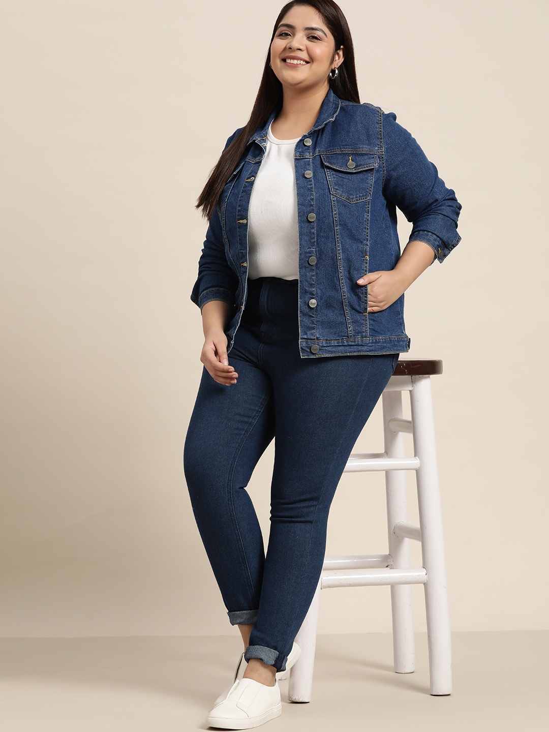 

Sztori Plus Size Women Navy Blue Pure Cotton Denim Jacket