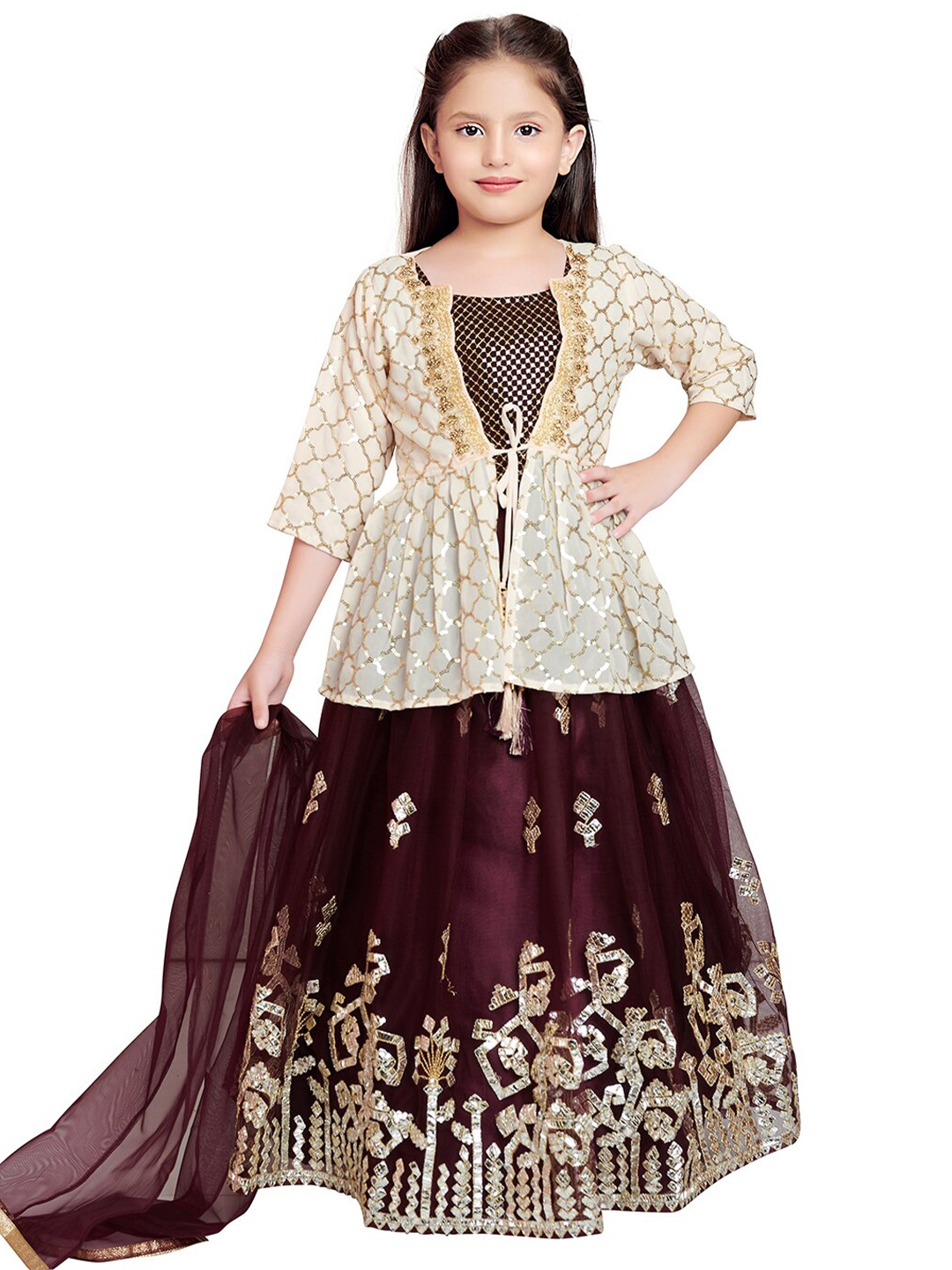 

BETTY Girls Burgundy & Cream-Coloured Embellished Ready to Wear Lehenga & Blouse With Dupatta