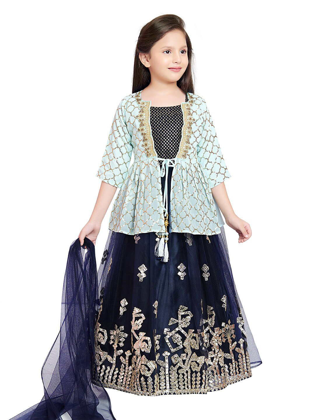 

BETTY Girls Blue & Gold-Toned Embroidered Ready to Wear Lehenga & Blouse With Dupatta