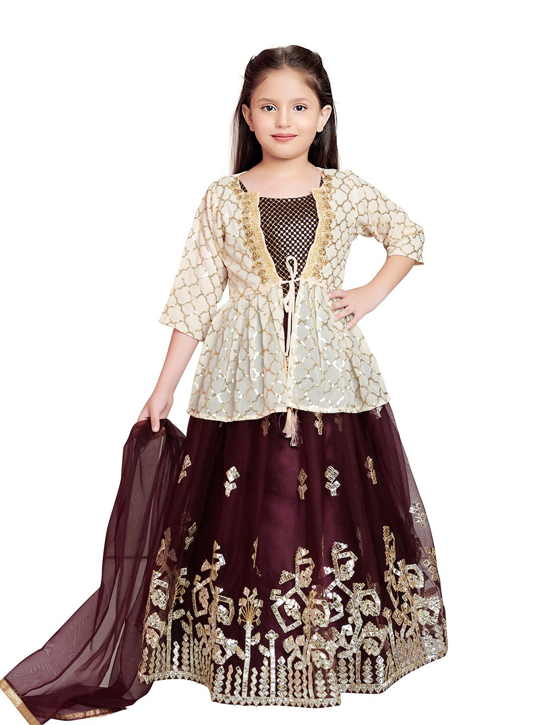 

Tiny Kingdom Girls Burgundy & Cream-Coloured Embellished Sequinned Ready to Wear Lehenga & Blouse With