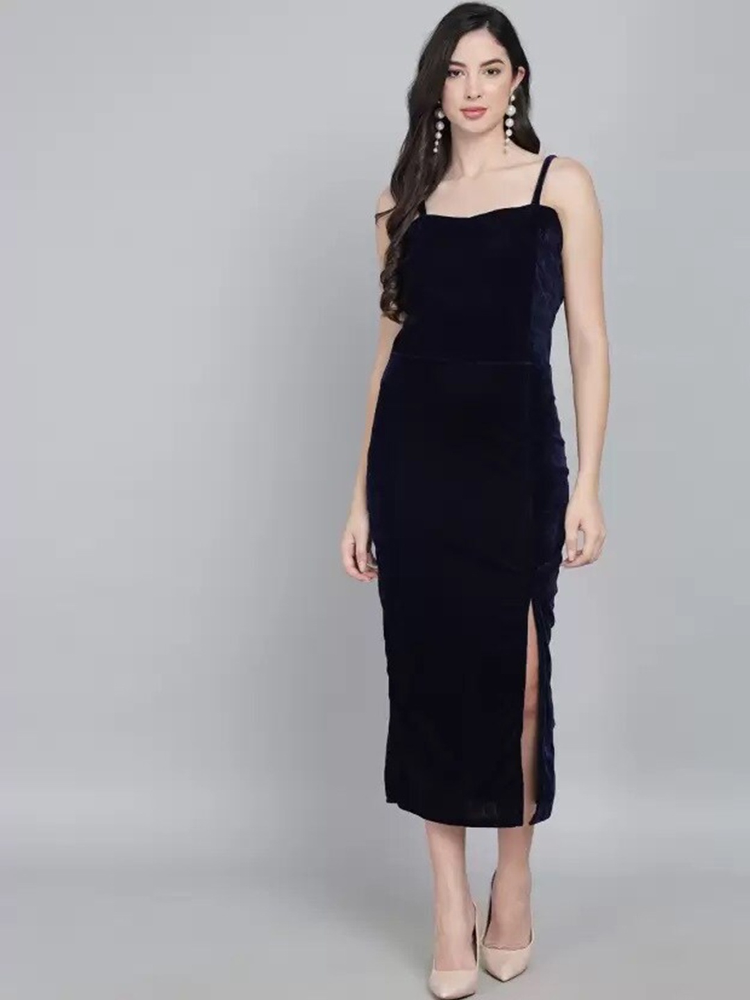 

VAARARO Women Blue Velvet Sheath Midi Dress
