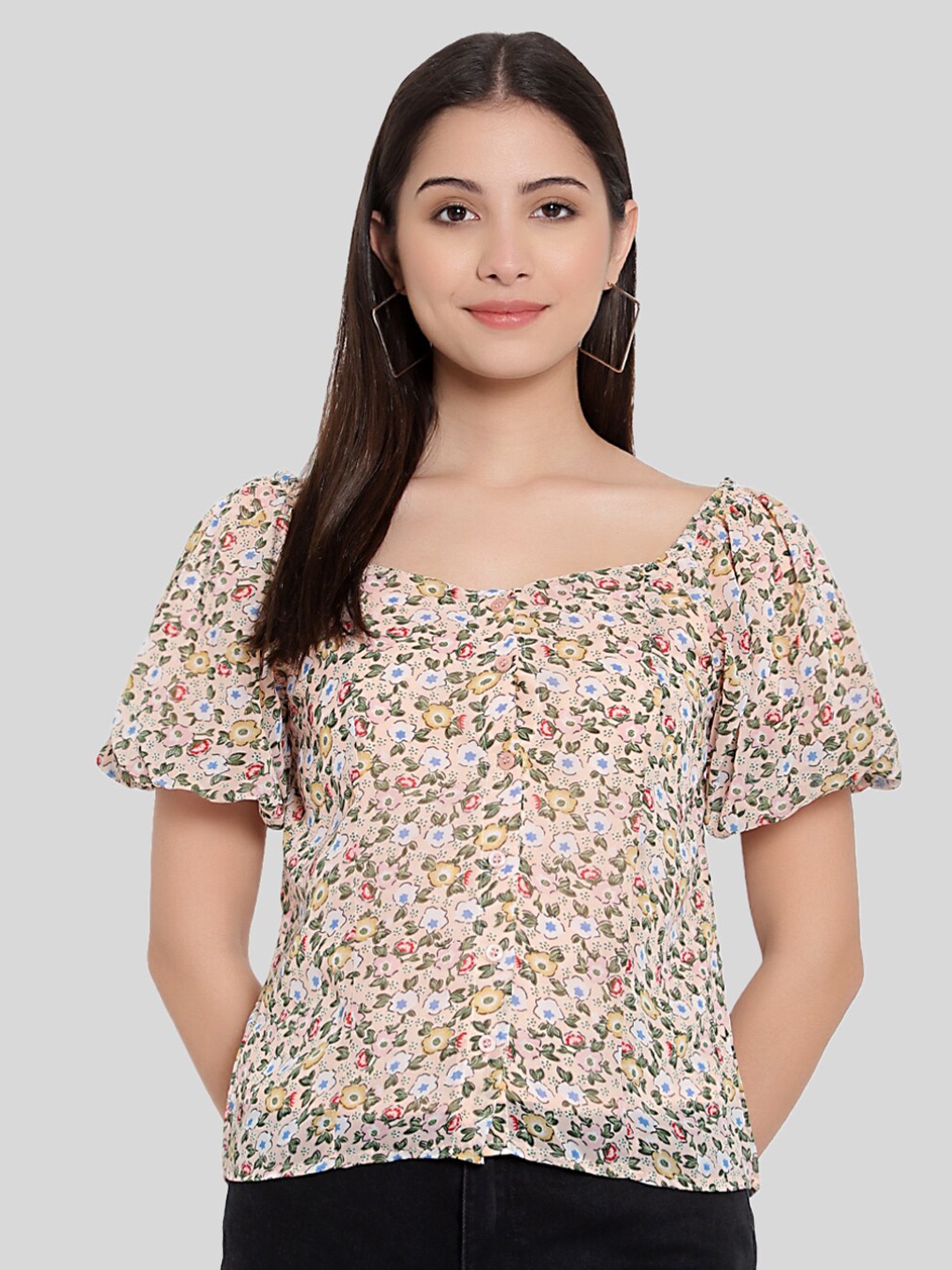 

FNOCKS Women Peach Floral Print Square Neck Puff Sleeves Georgette Top