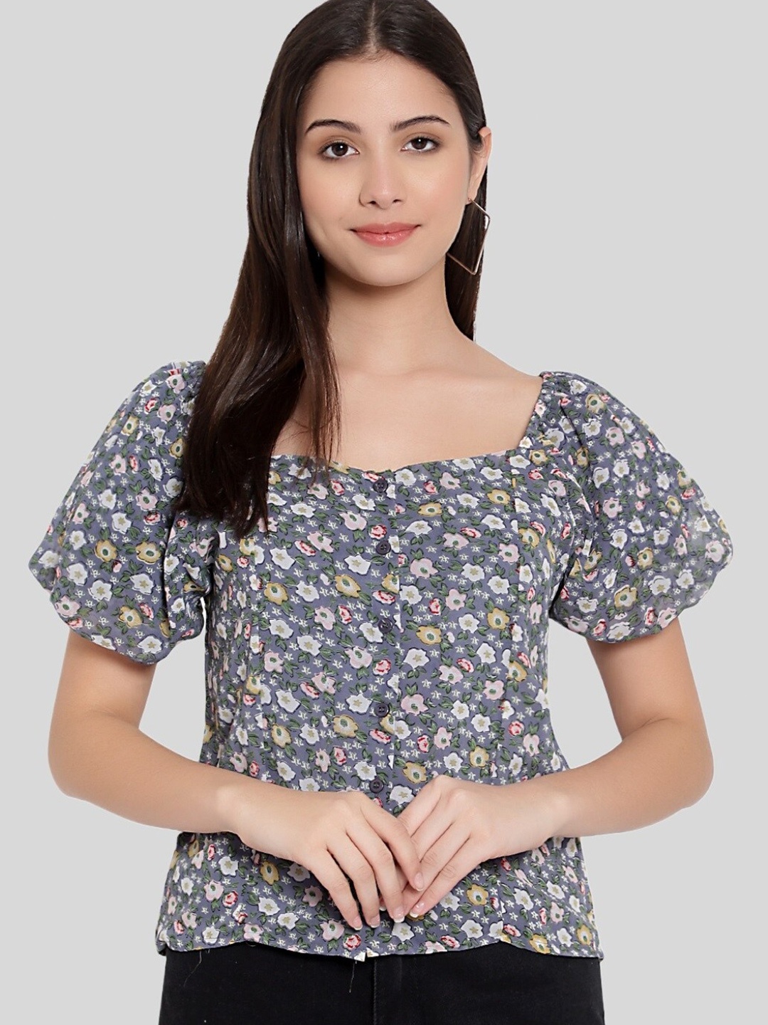 

FNOCKS Women Grey Floral Print Square Neck Puff Sleeves Georgette Blouson Top
