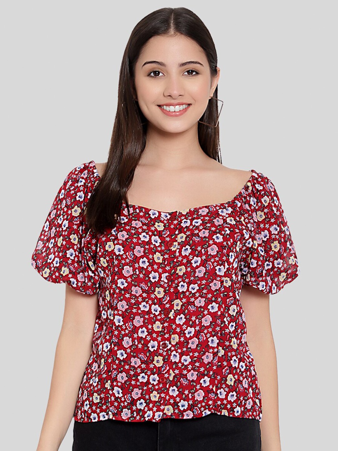 

FNOCKS Maroon Floral Print Georgette Top
