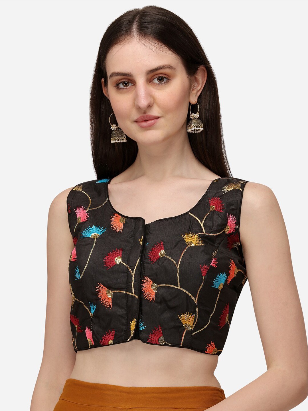 

Fab Viva Black Embroidered Banglory Satin Saree Blouse