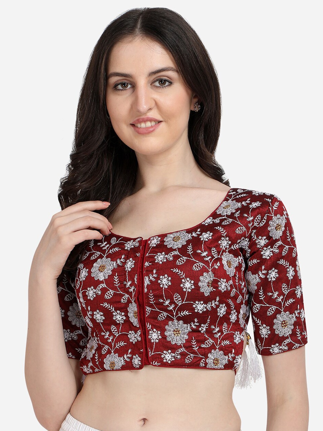 

Fab Viva Maroon Embellished Silk Saree Blouse